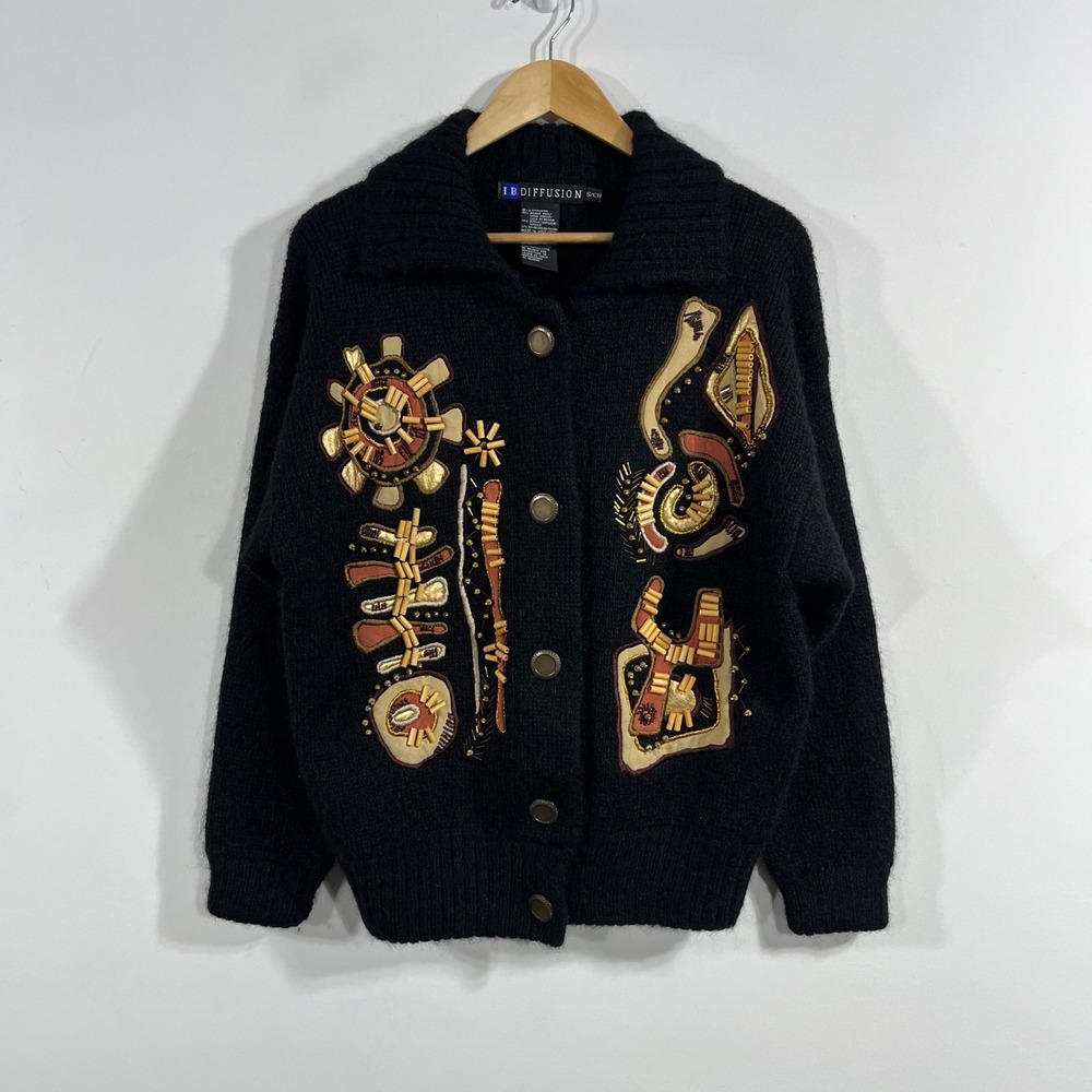 IB Diffusion Mohair Artsy Fairy Grunge Cardigan Sweater Black Beaded VTG Small